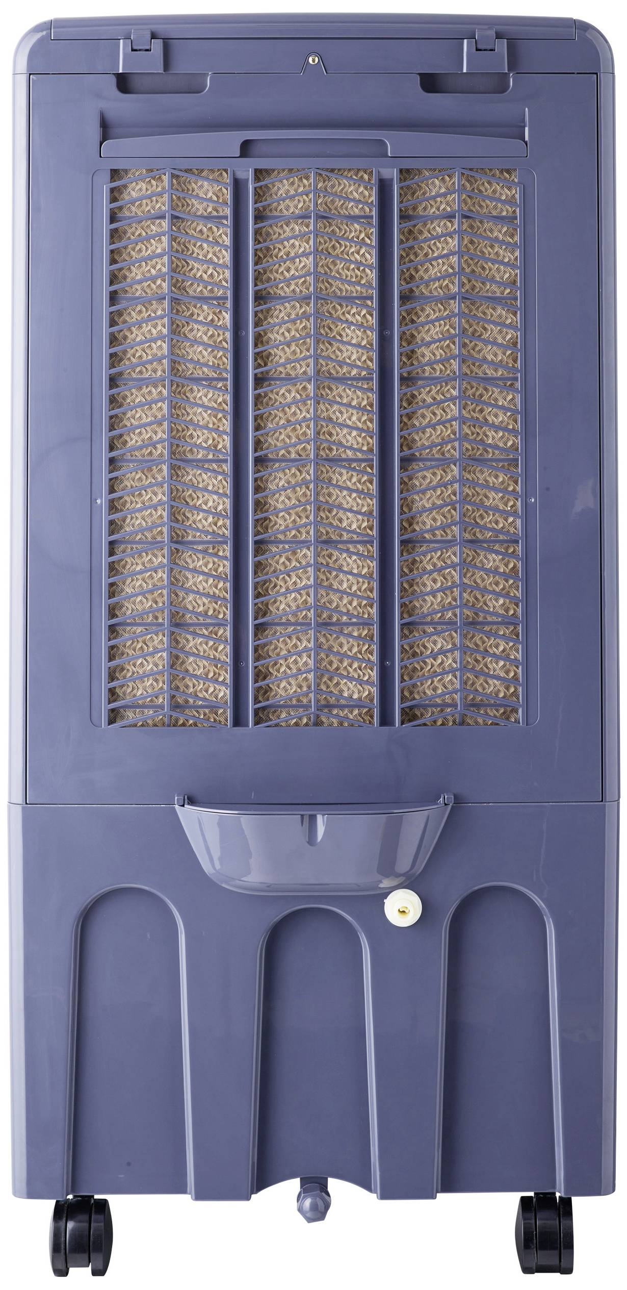 Un refroidisseur d'air gris avec une grille sur l'avant et des roulettes à la base, adapté pour une utilisation en intérieur.