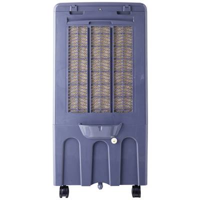 Un refroidisseur d'air gris avec une grille sur l'avant et des roulettes à la base, adapté pour une utilisation en intérieur.