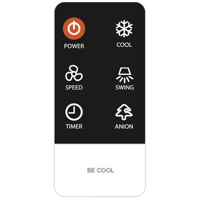 Télécommande noire avec symboles : 'POWER' (rouge), Flocon de neige 'COOL', Ventilateur 'SPEED', Flux d'air 'SWING', Horloge 'TIMER', Arbre 'ANION'. Texte en bas : 'BE COOL'.