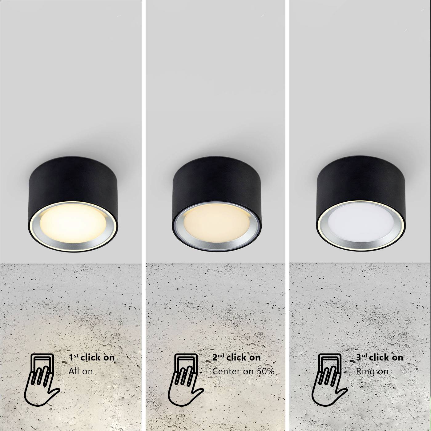 'Trois lampes côte à côte : à gauche toutes allumées, au centre à 50% centralement, à droite seul le bord est allumé. Chaque lampe a un symbole montré en dessous.'