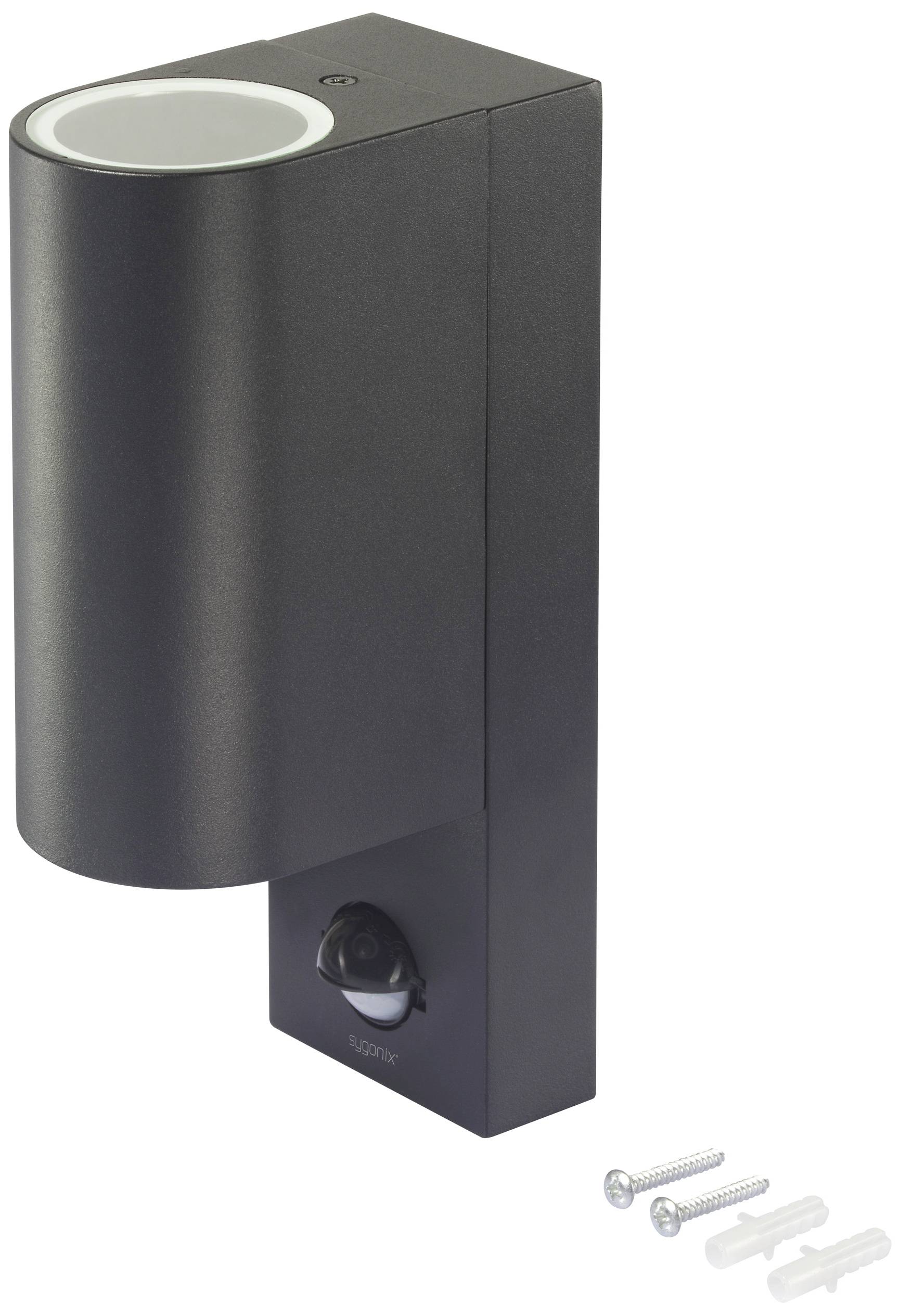 'Luminaire extérieur cylindrique noir avec capteur de mouvement intégré, accompagné de deux vis et chevilles.'