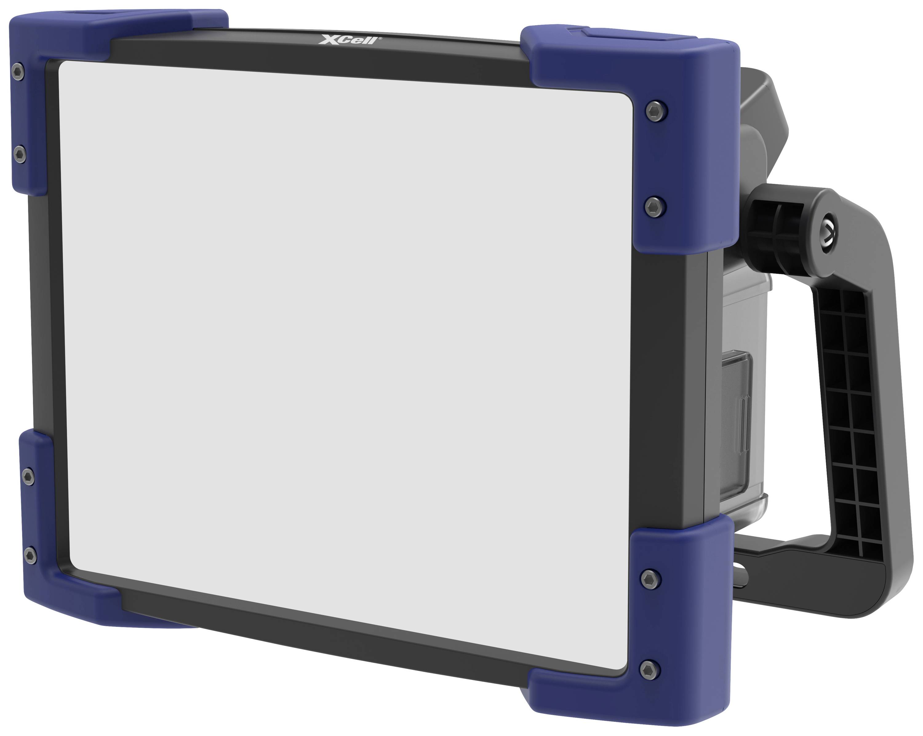 Lampe de travail LED portable, rectangulaire, avec protection antichoc bleue aux coins et poignée noire sur le côté.