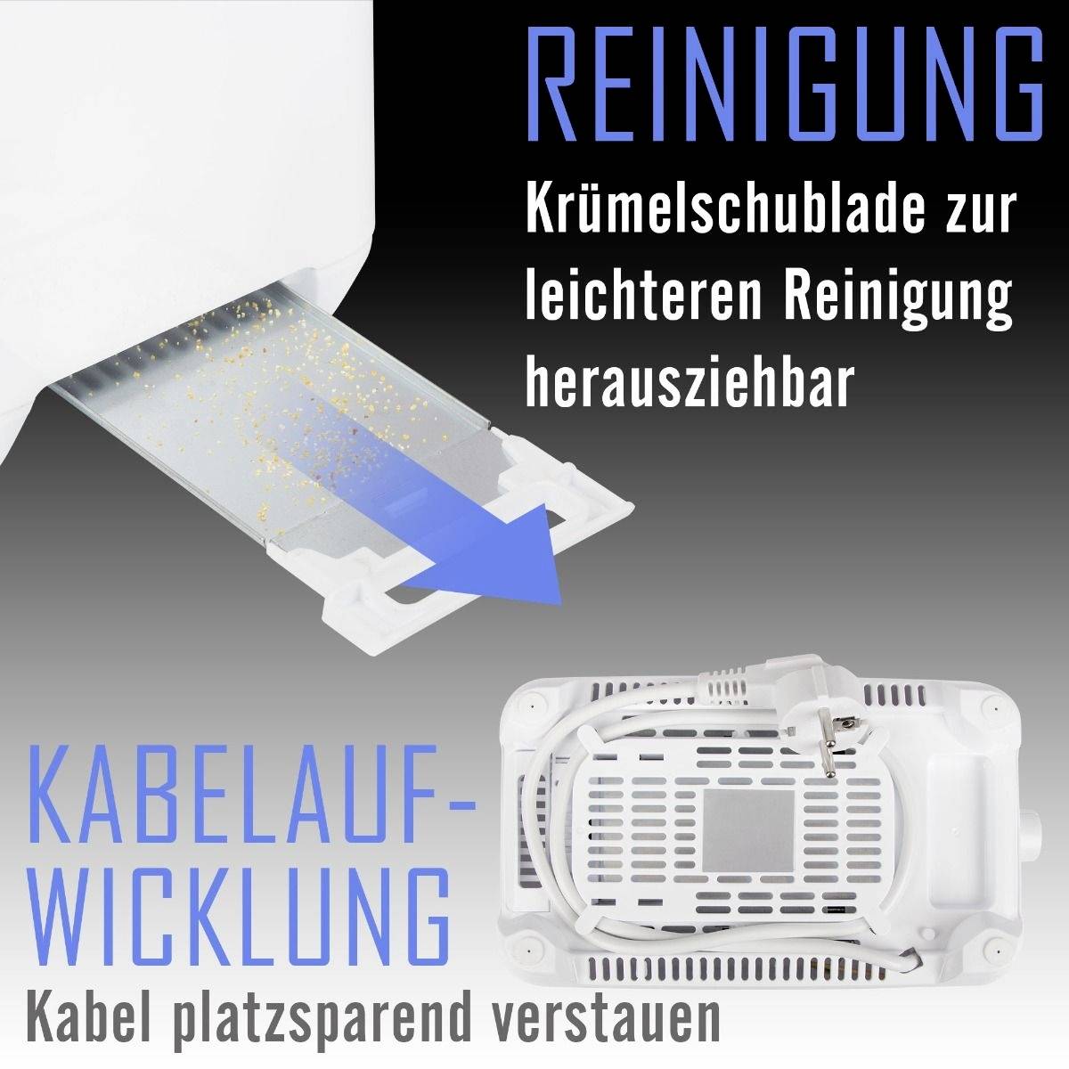 Tiroir à miettes extractible pour un nettoyage facile. Rangement économe en espace pour le câble. Image d'un grille-pain avec un tiroir à miettes.