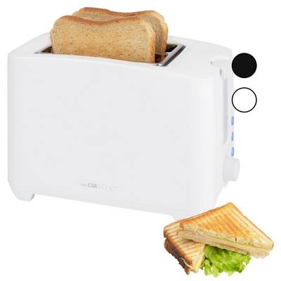 Un grille-pain blanc avec deux tranches de pain grillé sur le dessus. À côté, un sandwich préparé avec de la laitue, les couleurs identifiées en noir et blanc.