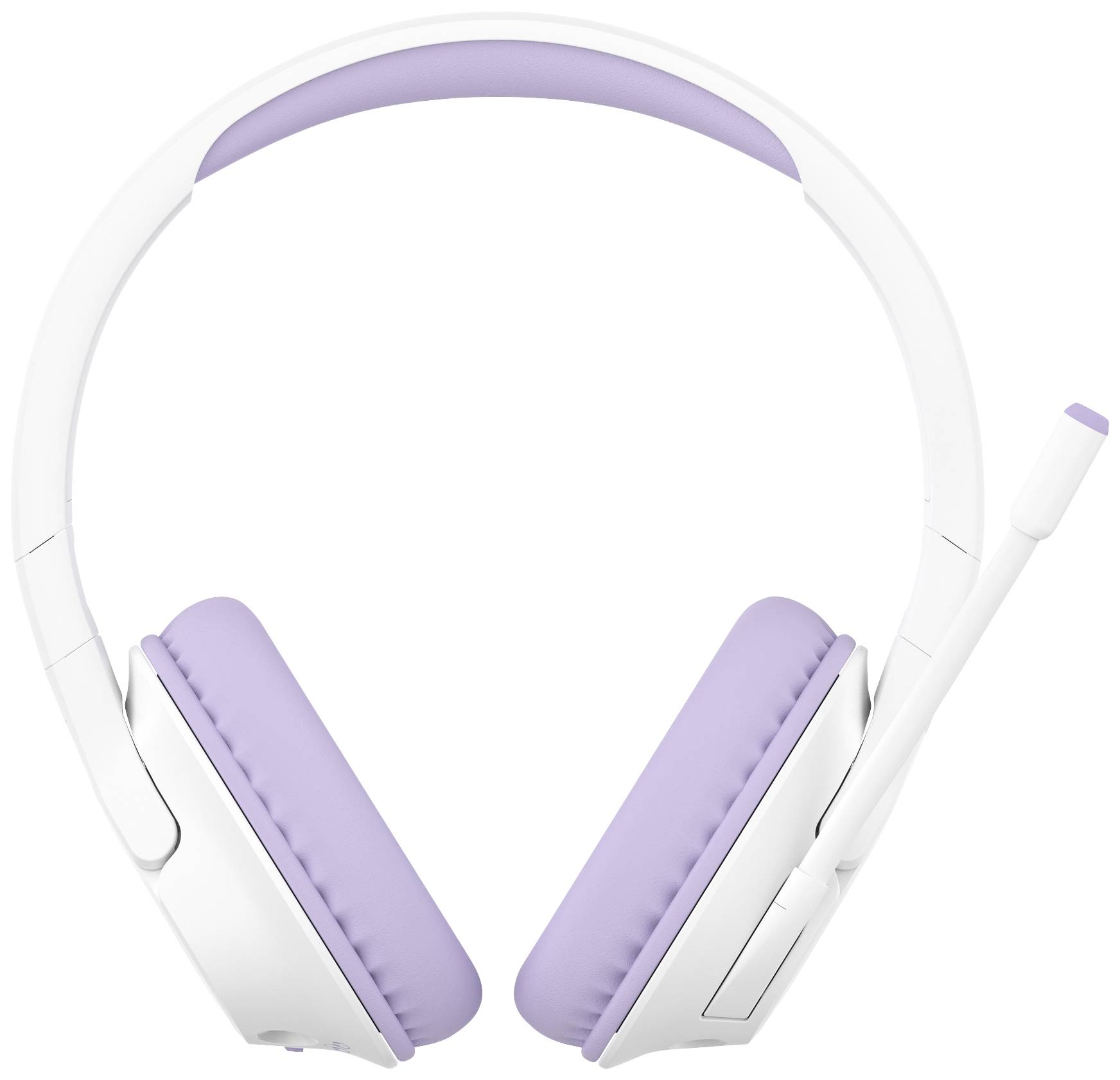 Casque audio blanc avec un arceau et des coussinets d'oreille rembourrés de couleur lilas, équipé d'un micro pivotant.