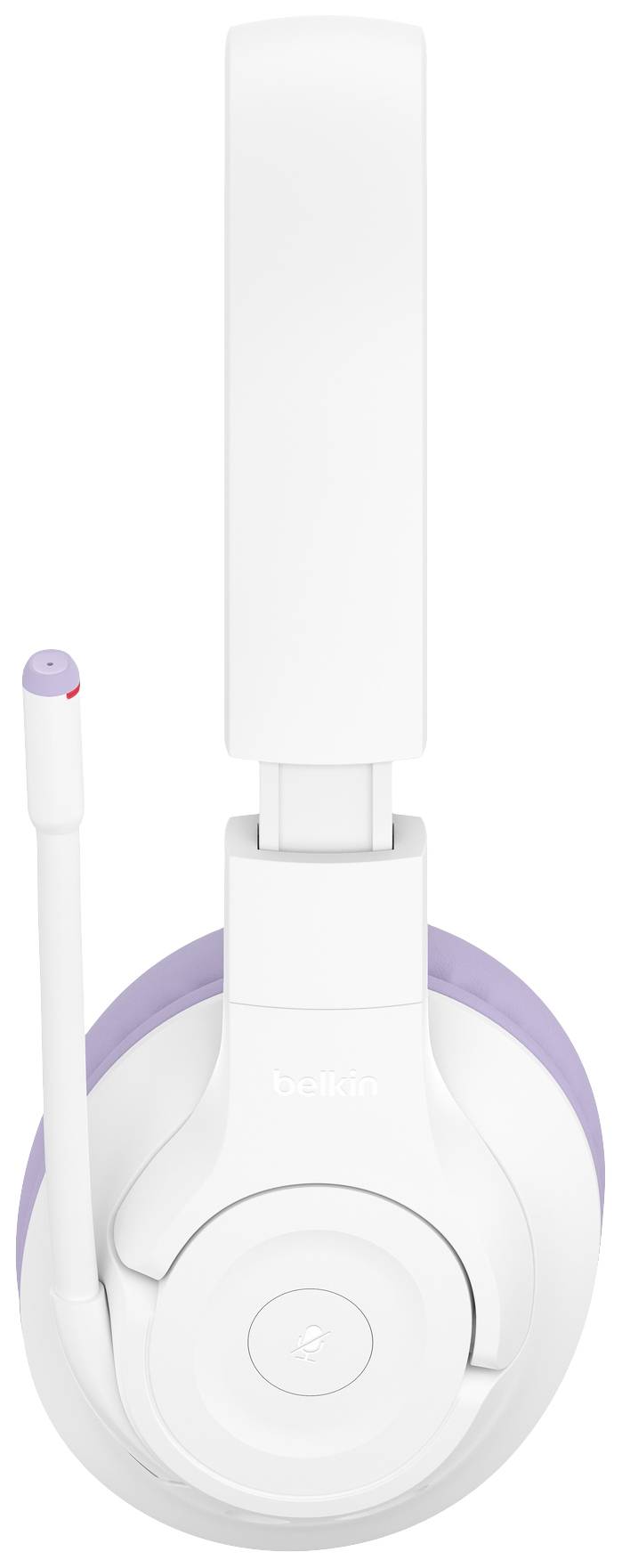 Casque blanc sans fil avec arceau ajustable et perche de microphone mobile, vue de côté centrée sur le pavillon de l'oreille.