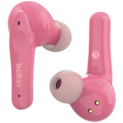 Deux écouteurs sans fil rose, l'un affichant le logo Belkin.