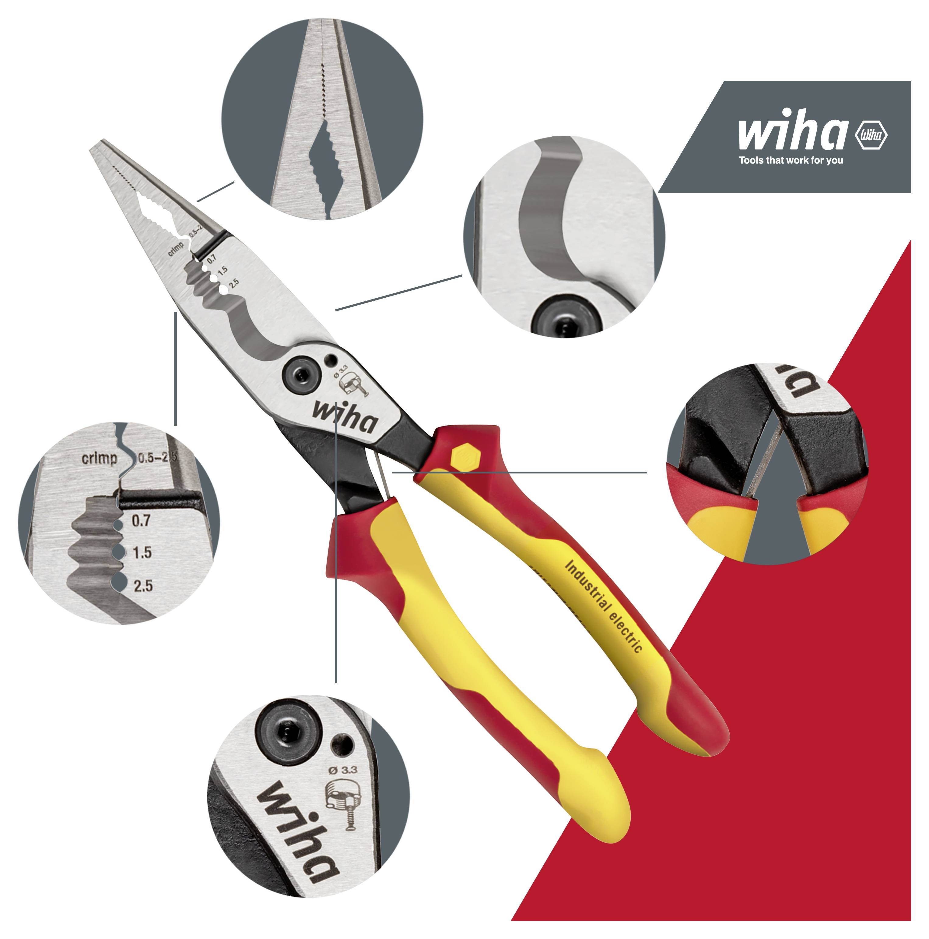 Image promotionnelle de pinces combinées isolées Wiha avec des poignées rouge-jaune, présentées avec des cercles de détail mettant en évidence les mâchoires, le tranchant, les fentes de sertissage et les détails de sécurité.