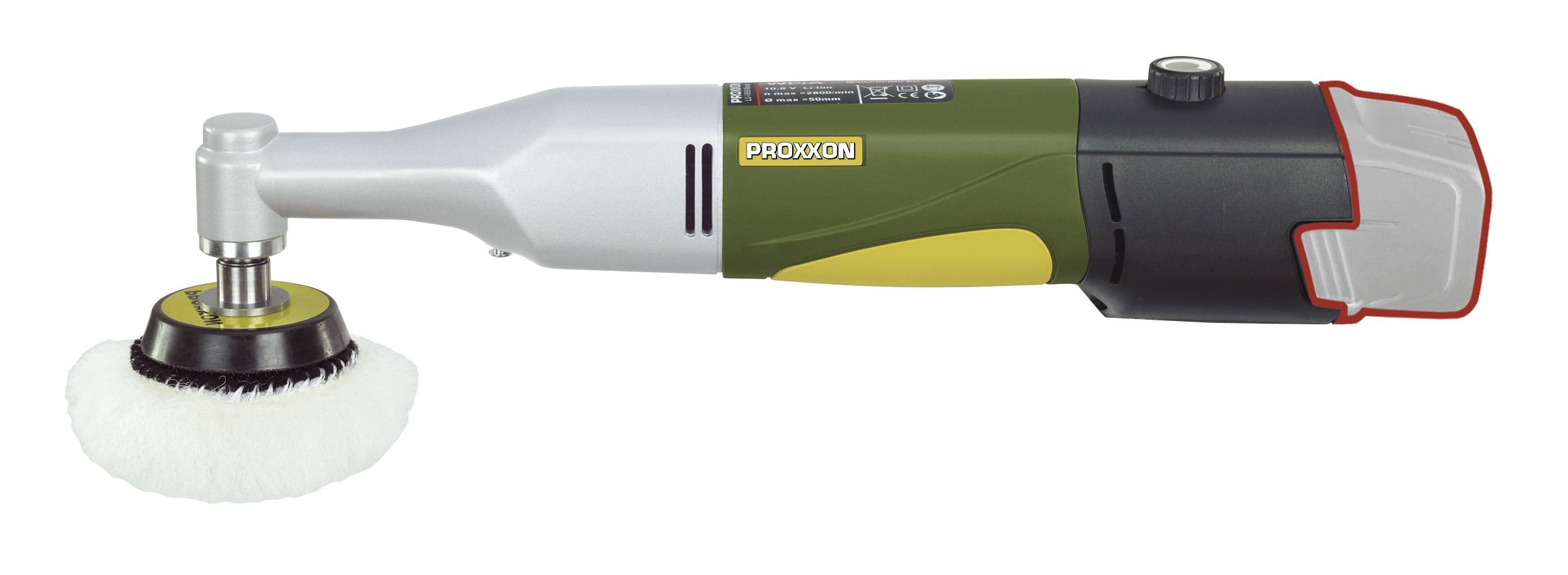 Appareil de polissage électrique avec boîtier vert et noir, poignée argentée et capot de protection rouge et noir, adapté pour l'entretien des surfaces.