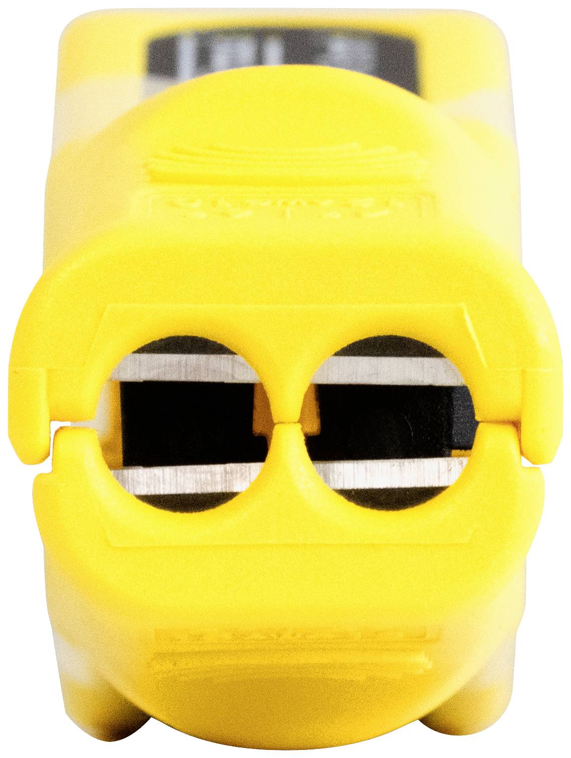 Taille-crayon jaune à deux trous, frontal, pour crayons de différentes tailles.