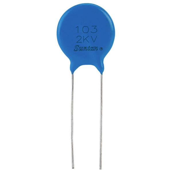Condensateur céramique bleu portant l'inscription « 103 2KV Suntan ».