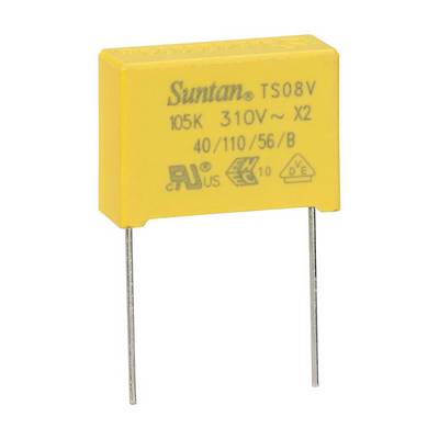 Un condensateur jaune avec deux fils, imprimé avec la spécification technique : 105K, 310V, X2. Marque : Suntan.