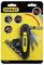 Multitool 'Stanley 14 en 1' dans un emballage jaune ; contient différents embouts et lames ; exemples d'utilisation illustrés par des images.