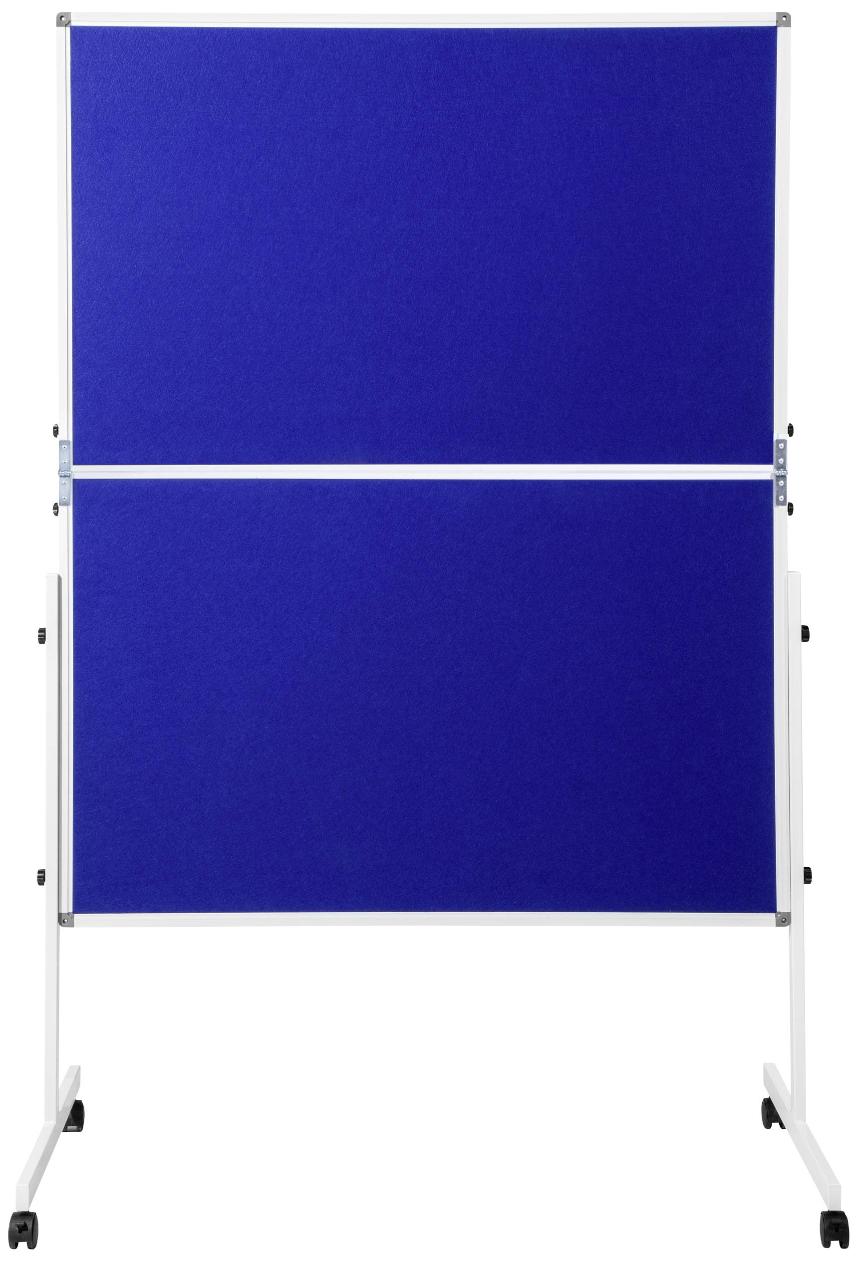 Tableau blanc bleu monté sur un support mobile à roulettes, prêt à être utilisé pour des présentations ou pour des notes et informations.