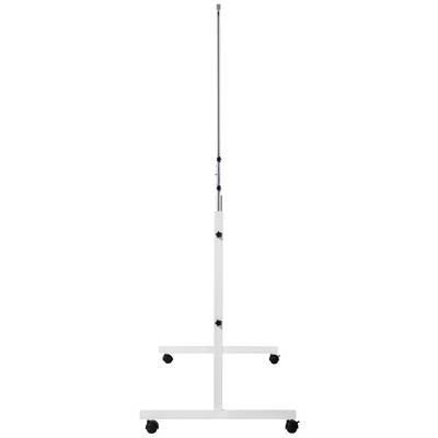 Un support de perfusion blanc, réglable en hauteur, équipé de quatre roulettes et d'un crochet en haut pour fixer des appareils médicaux.
