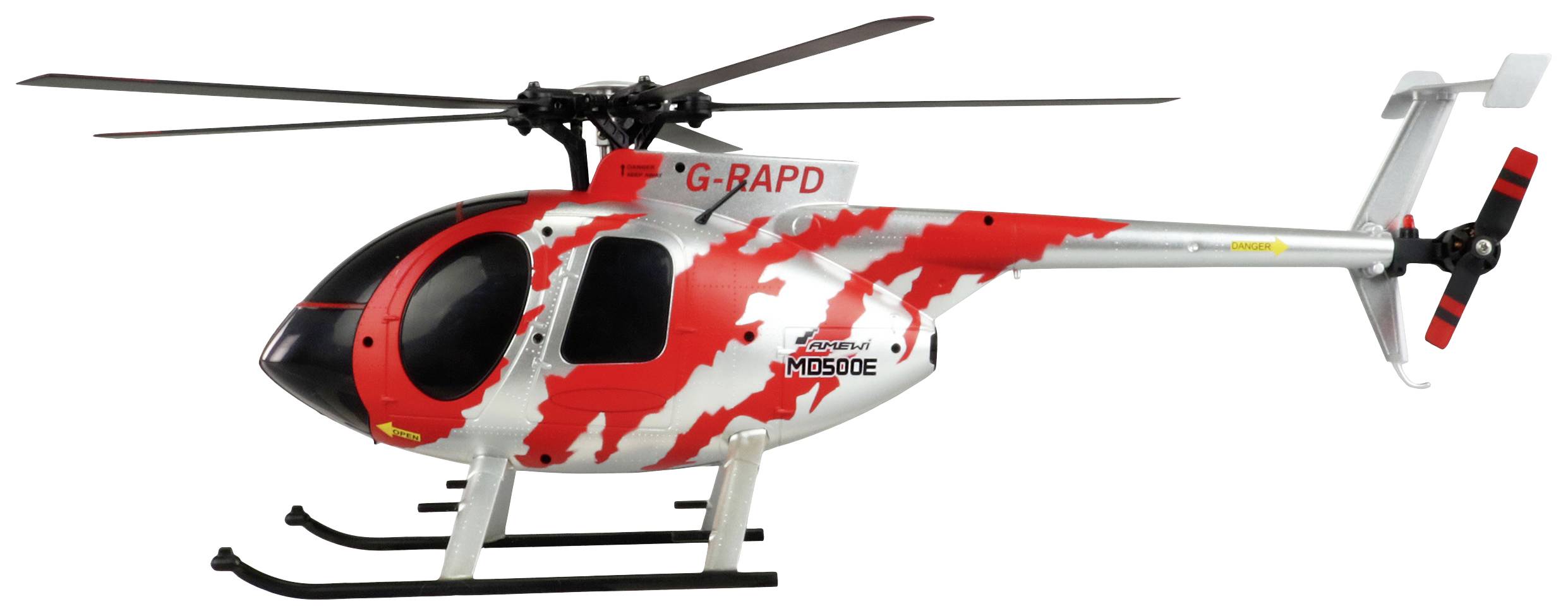 Un hélicoptère télécommandé avec un camouflage blanc et rouge, modèle 'MD500E', sur fond blanc.