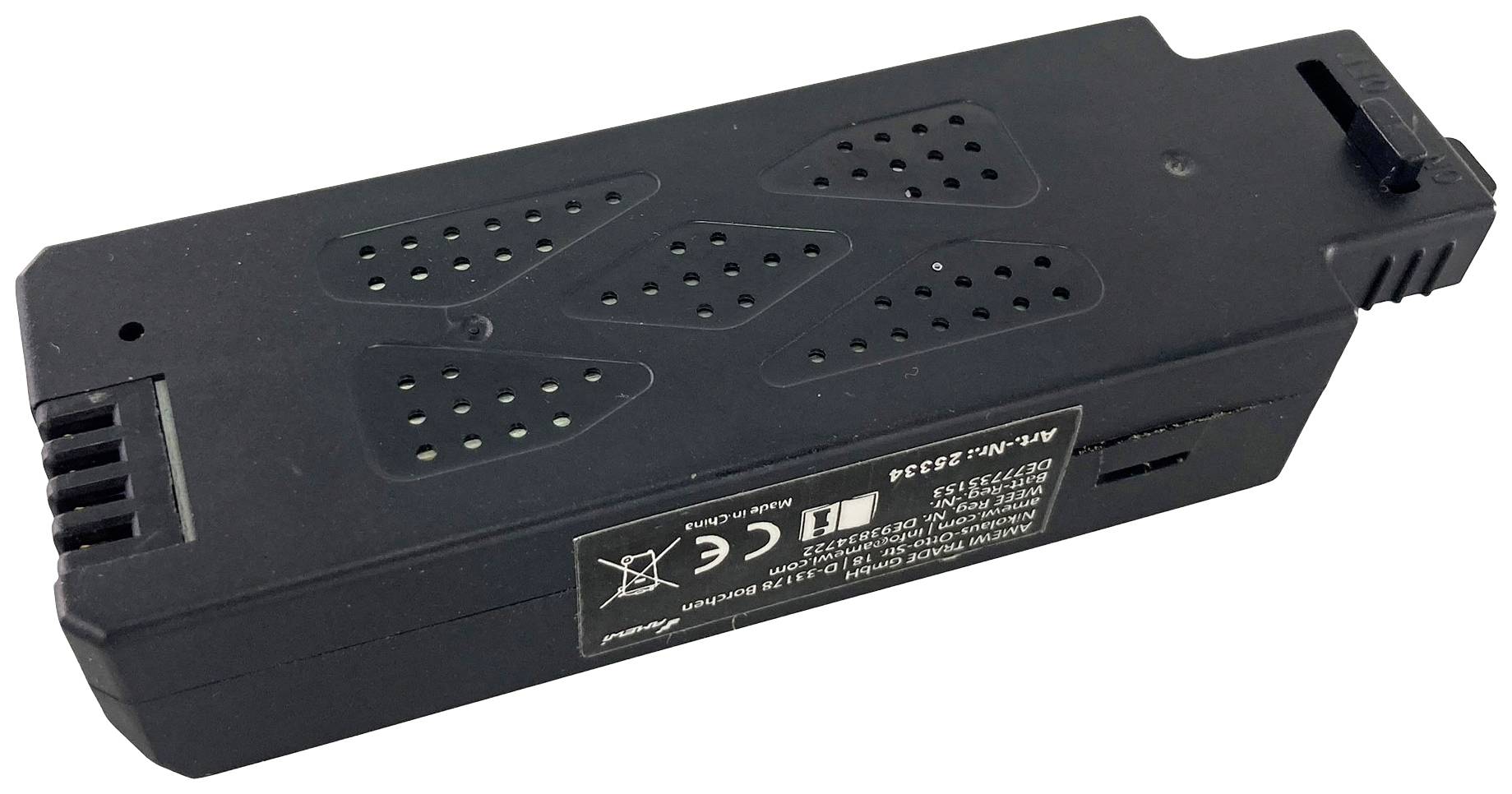 Une batterie noire, rectangulaire, portant un numéro de modèle et un marquage CE sur l'étiquette, adaptée aux appareils techniques.