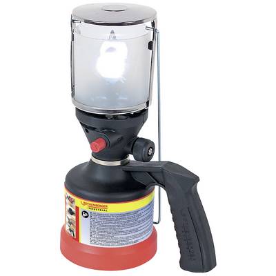 Une lampe à gaz portable avec poignée, placée juste en-dessous d'un verre de protection éclairé. Idéale pour le camping ou l'éclairage extérieur.