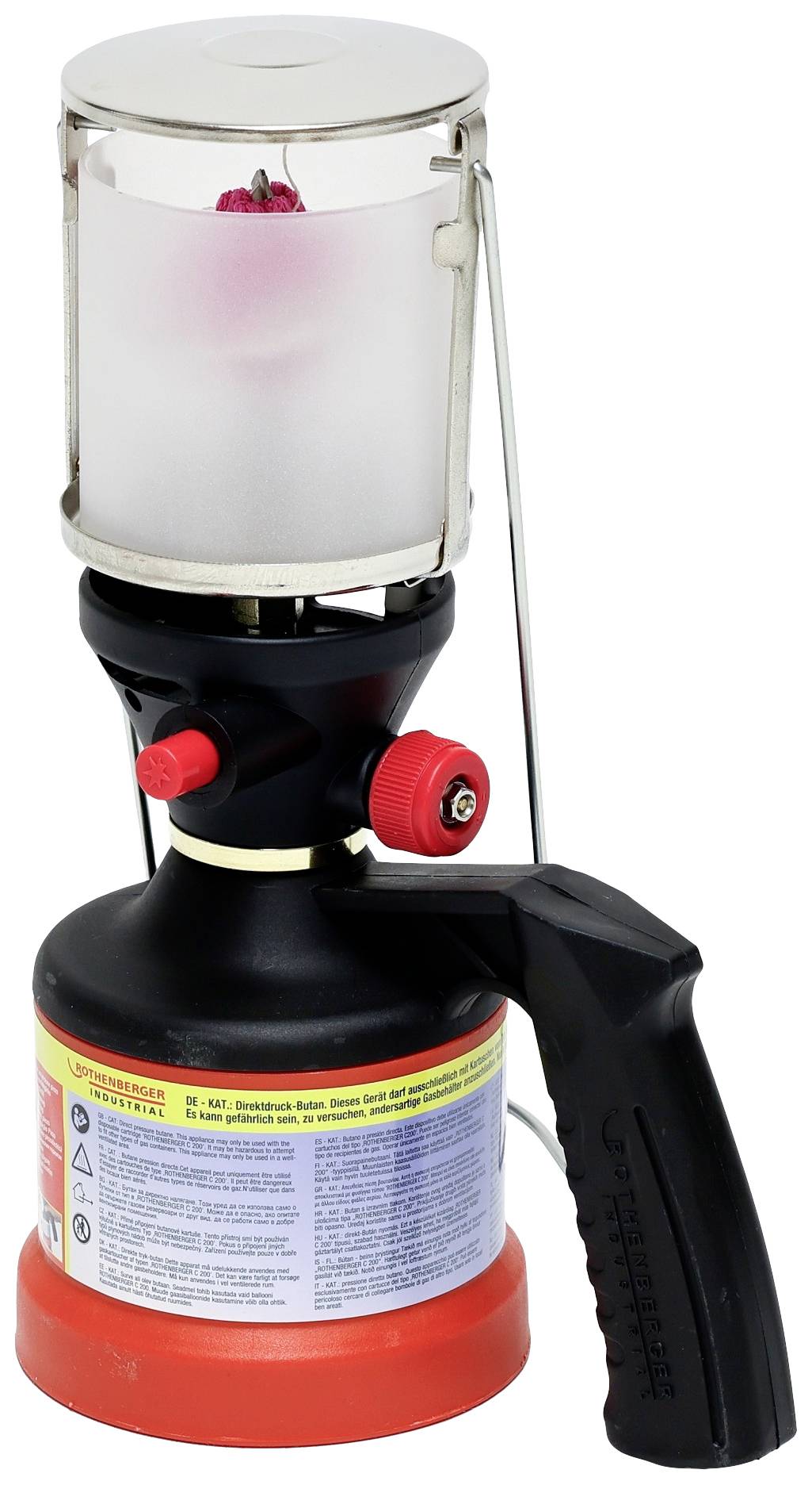 Lampe de camping avec soupape rouge, réservoir à gaz et poignée noire, adaptée aux activités de plein air.