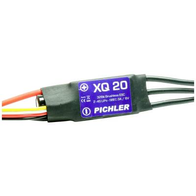 Un régulateur électrique portant l'inscription 'XQ 20' et 'Pichler', compatible avec les batteries LiPo 2-4S, BEC 5A, 6V, entouré de câbles de différentes couleurs.