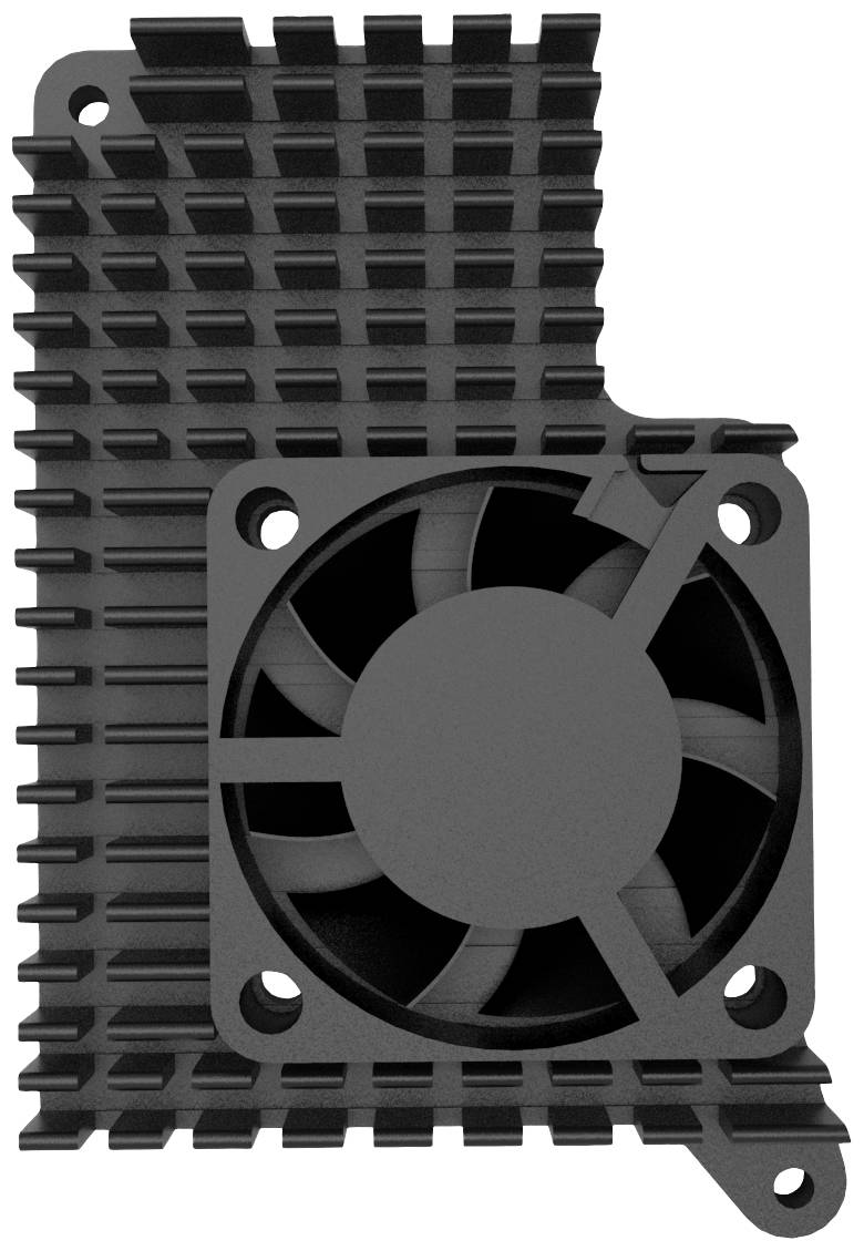 Dissipateur thermique avec ventilateur pour l'évacuation de la chaleur dans les appareils électroniques ; de forme rectangulaire avec structure nervurée et ventilateur central.