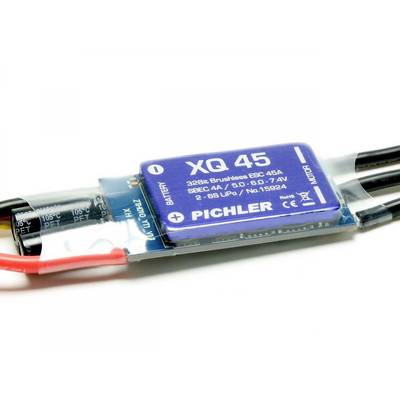 Module ESC sans balais avec inscription 'XQ 45', boîtier bleu, connecté à des fils noirs et rouges, composant électronique.