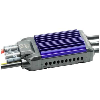 Un régulateur de vitesse électronique avec ailette de refroidissement bleue et plusieurs câbles pour le contrôle de véhicules ou d'avions télécommandés.