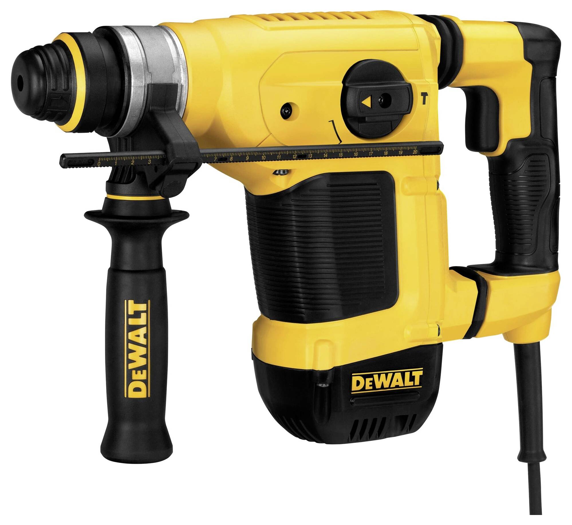 Marteau perforateur jaune et noir DeWalt avec une poignée latérale. Idéal pour les travaux de perçage intensifs dans le béton et la maçonnerie.