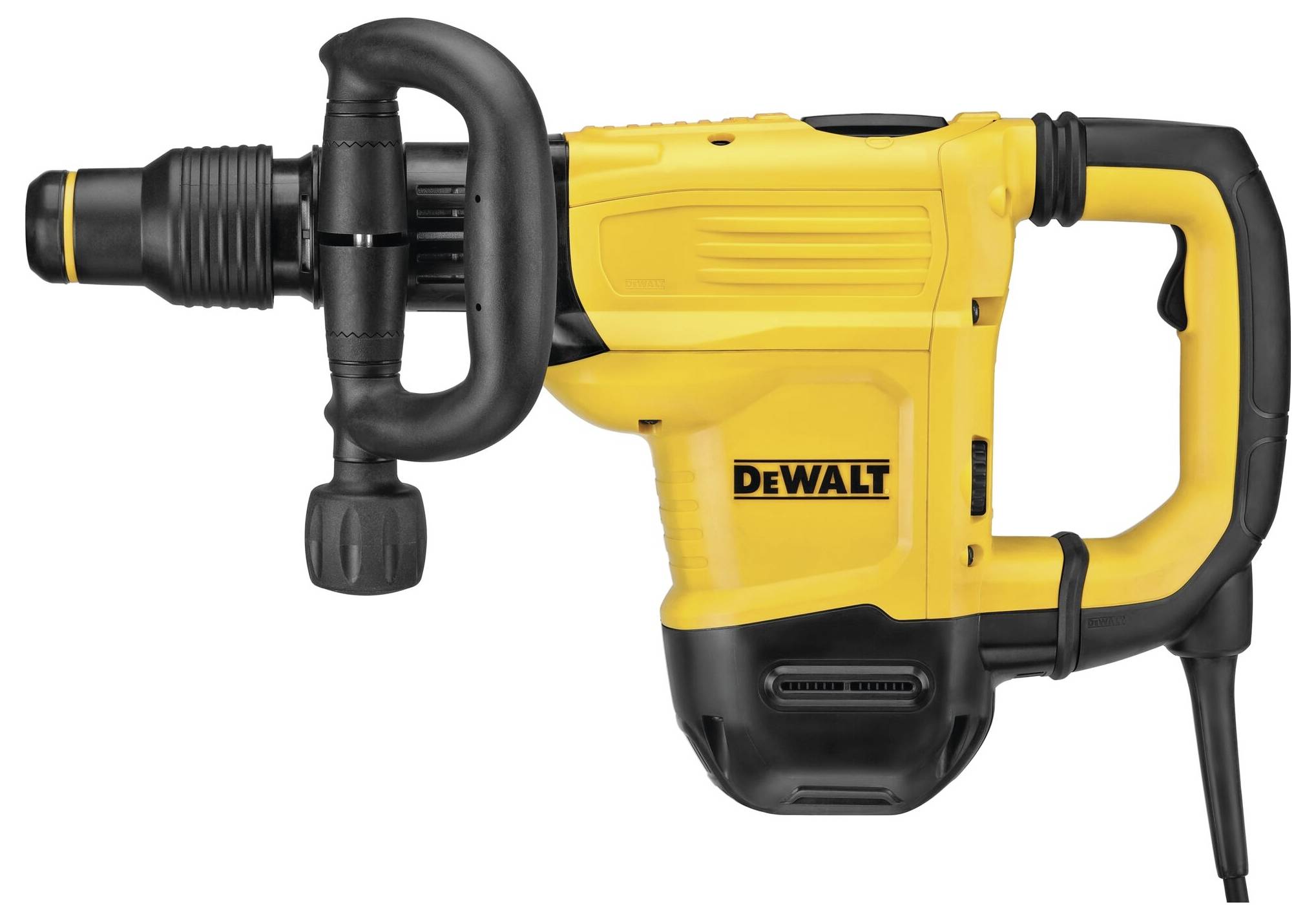 Marteau de démolition DeWALT jaune avec poignée noire et composants de boîtier. Outil conçu pour les travaux de construction lourds et les travaux de démolition.
