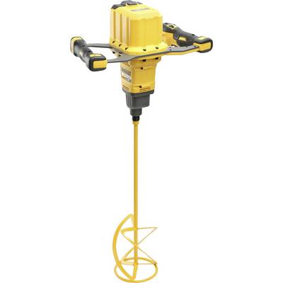 Un mélangeur électrique jaune avec des poignées ergonomiques et une longue spirale de mélange, adapté pour mélanger des peintures ou du béton.