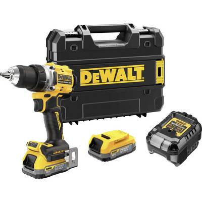 Ensemble de visseuse sans fil avec design jaune et noir, comprenant une perceuse, deux batteries, un chargeur et une mallette de la marque DEWALT.