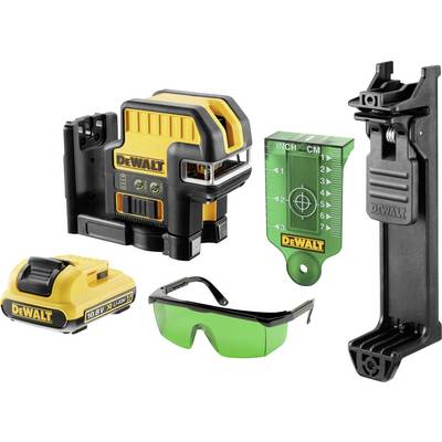 Un ensemble de niveau laser avec batterie, lunettes de protection vertes, support et cible de mesure. Idéal pour des travaux de construction et de rénovation précis.
