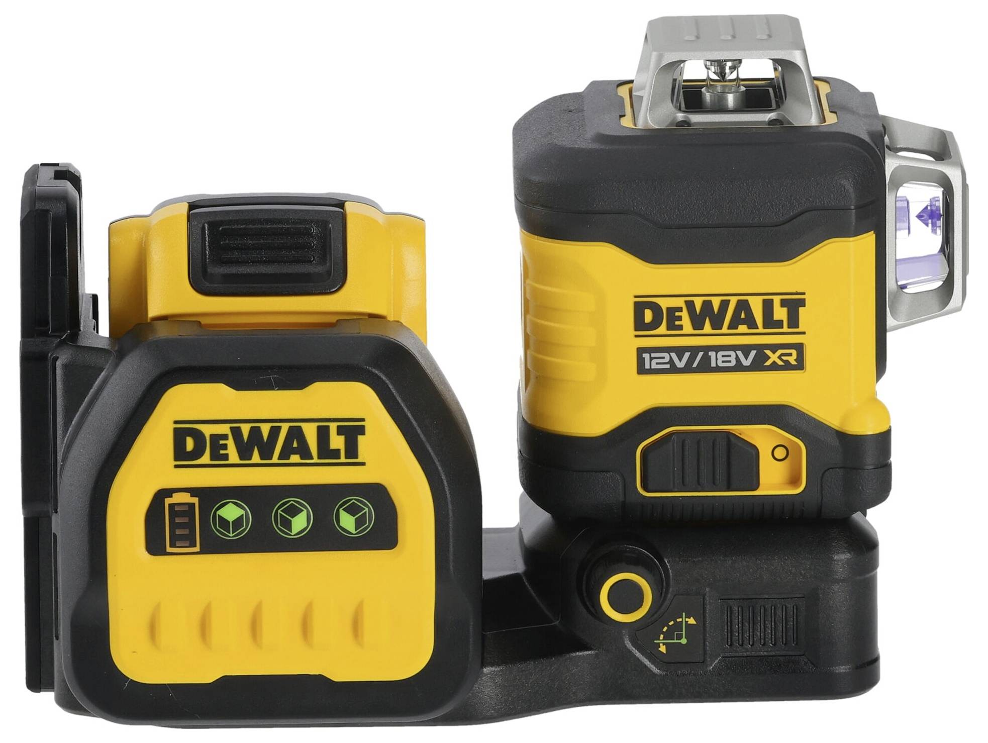Un outil laser DeWalt jaune et noir portant l'inscription '12V/18V XR', utilisé pour un alignement précis dans les projets de construction.