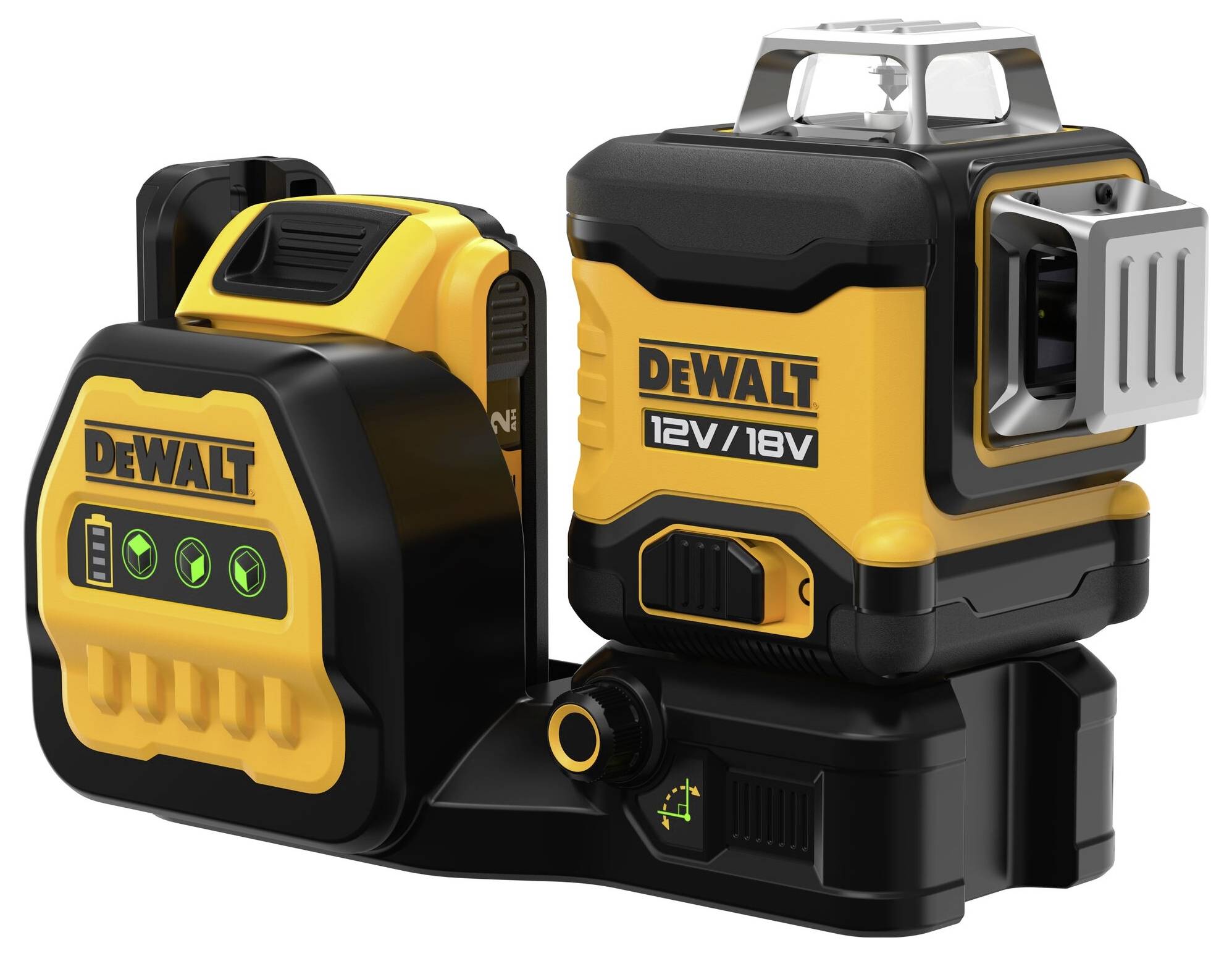 Un outil laser Dewalt jaune avec pack batterie et station de charge. Les indicateurs de niveau de batterie sont visibles. Modèle adapté aux travaux de construction.