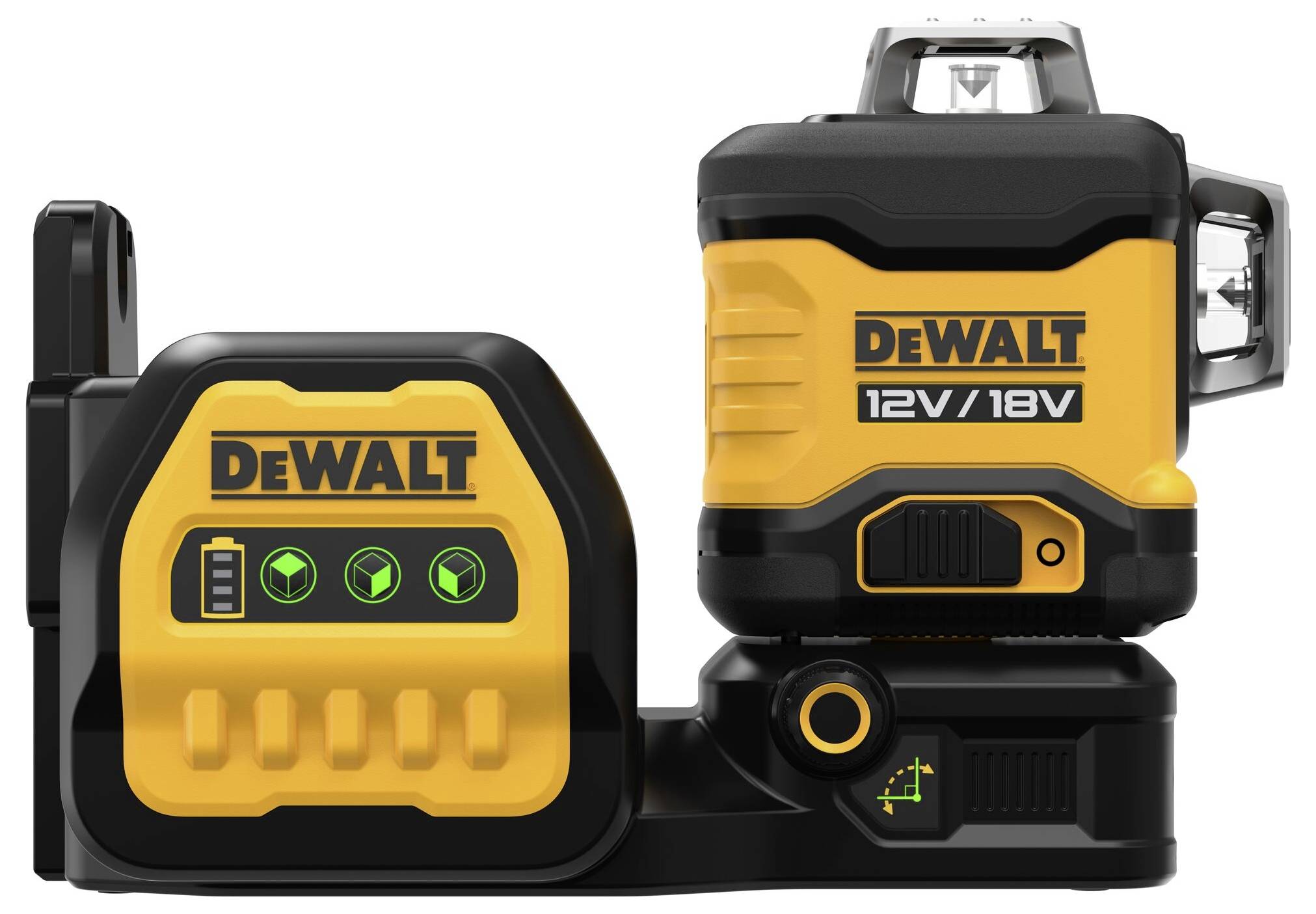 Un appareil d'outillage jaune et noir portant l'inscription 'DEWALT 12V/18V', vraisemblablement un niveau, avec des indicateurs de contrôle bleus.