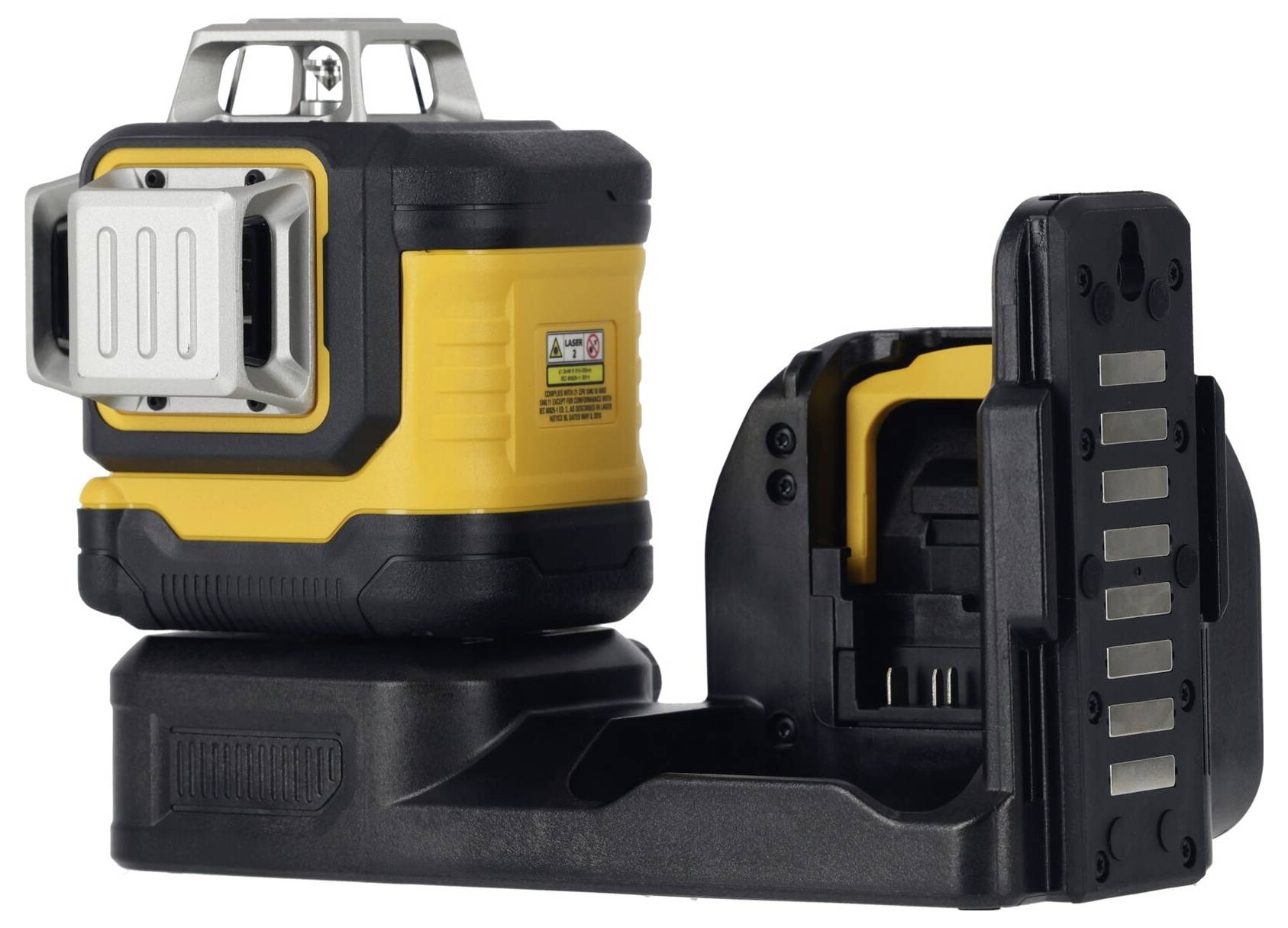 Un appareil laser jaune et noir pour un nivellement précis dans les projets de construction. Il est compact et monté sur un support stable.