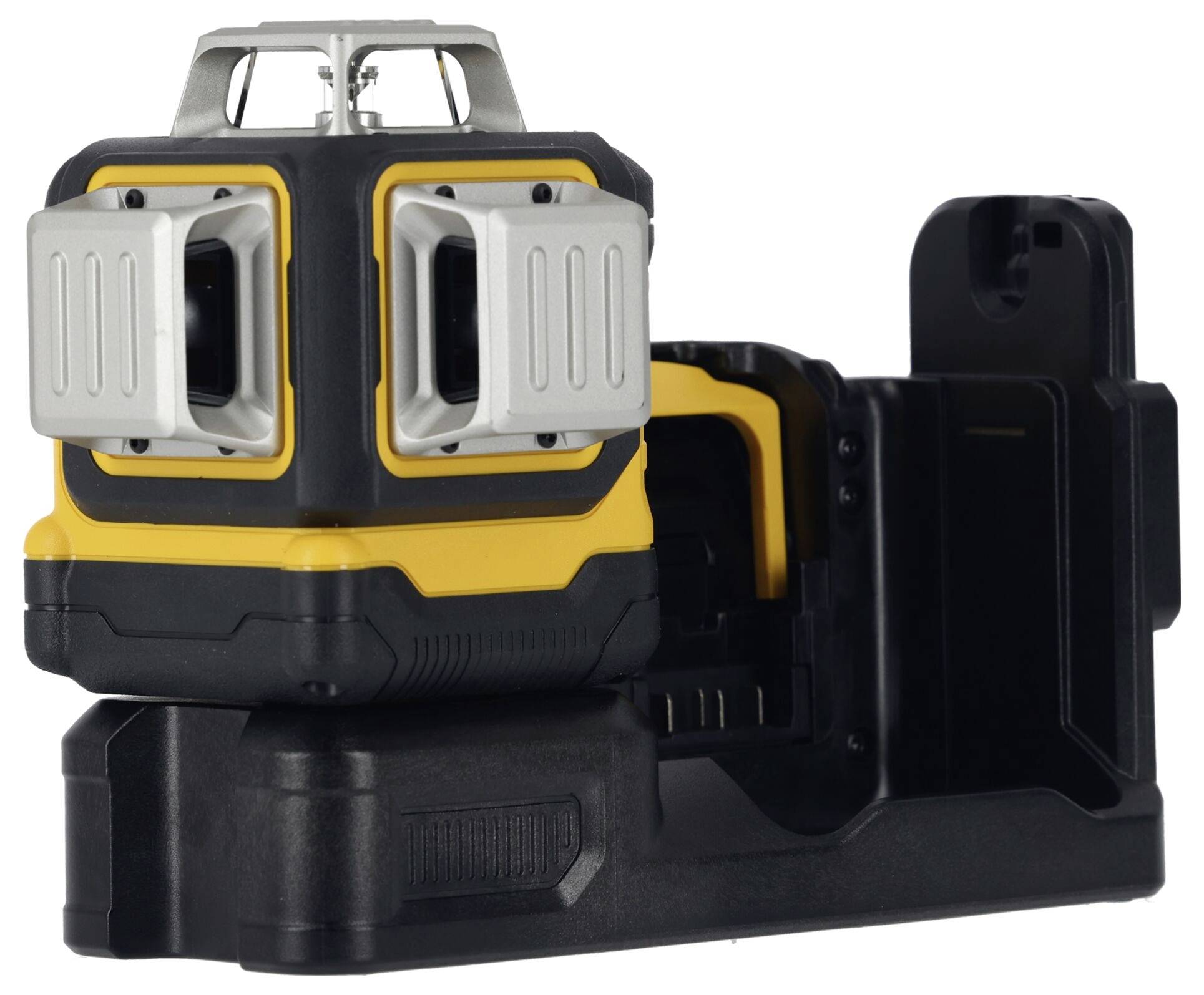 Un dispositif de nivellement laser électronique à boîtier jaune et noir, monté sur un support noir pour des mesures précises.