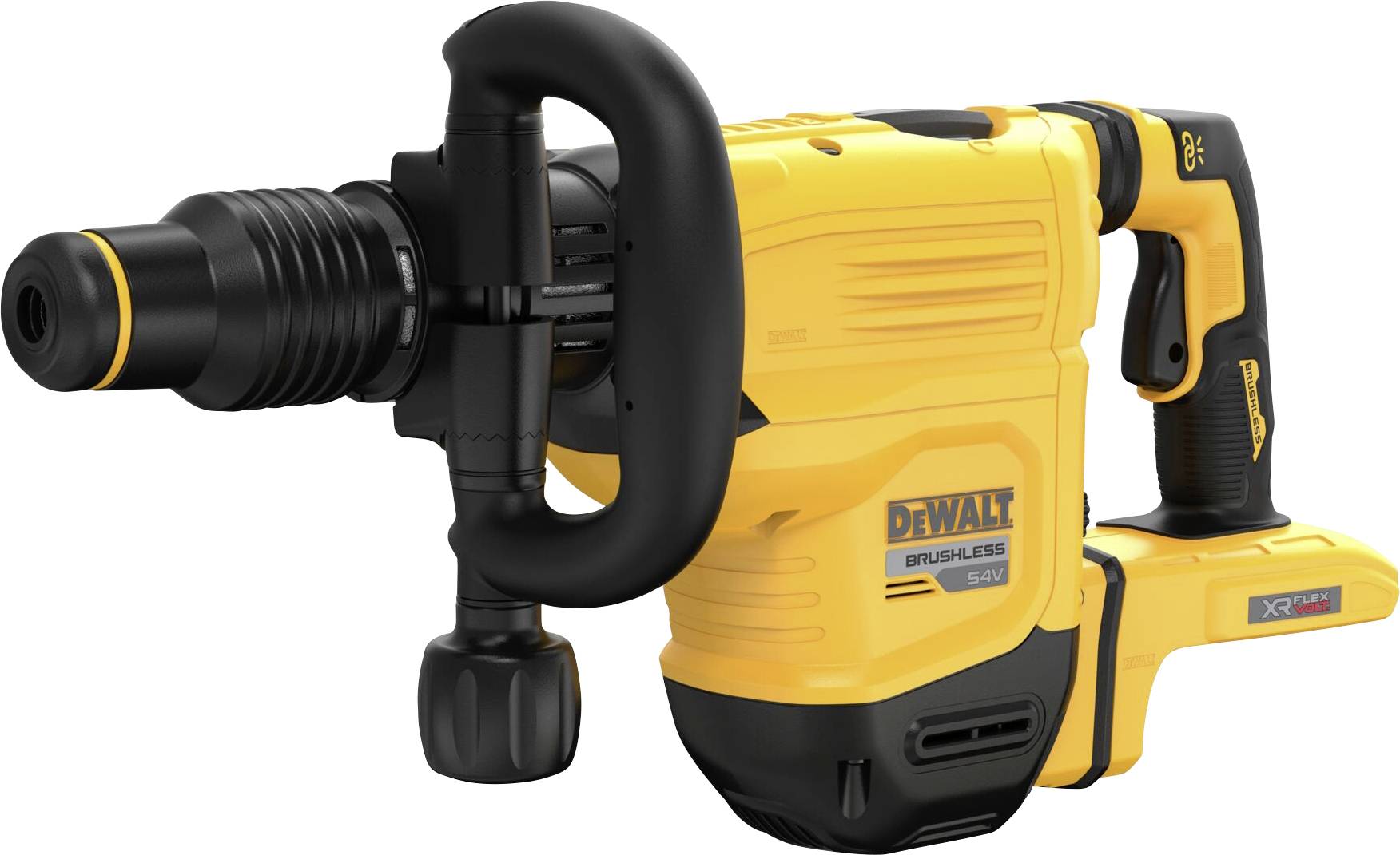 Un marteau de démolition sans fil jaune, sans balais, avec une poignée et une gâchette noires, conçu pour des travaux de démolition intensifs.