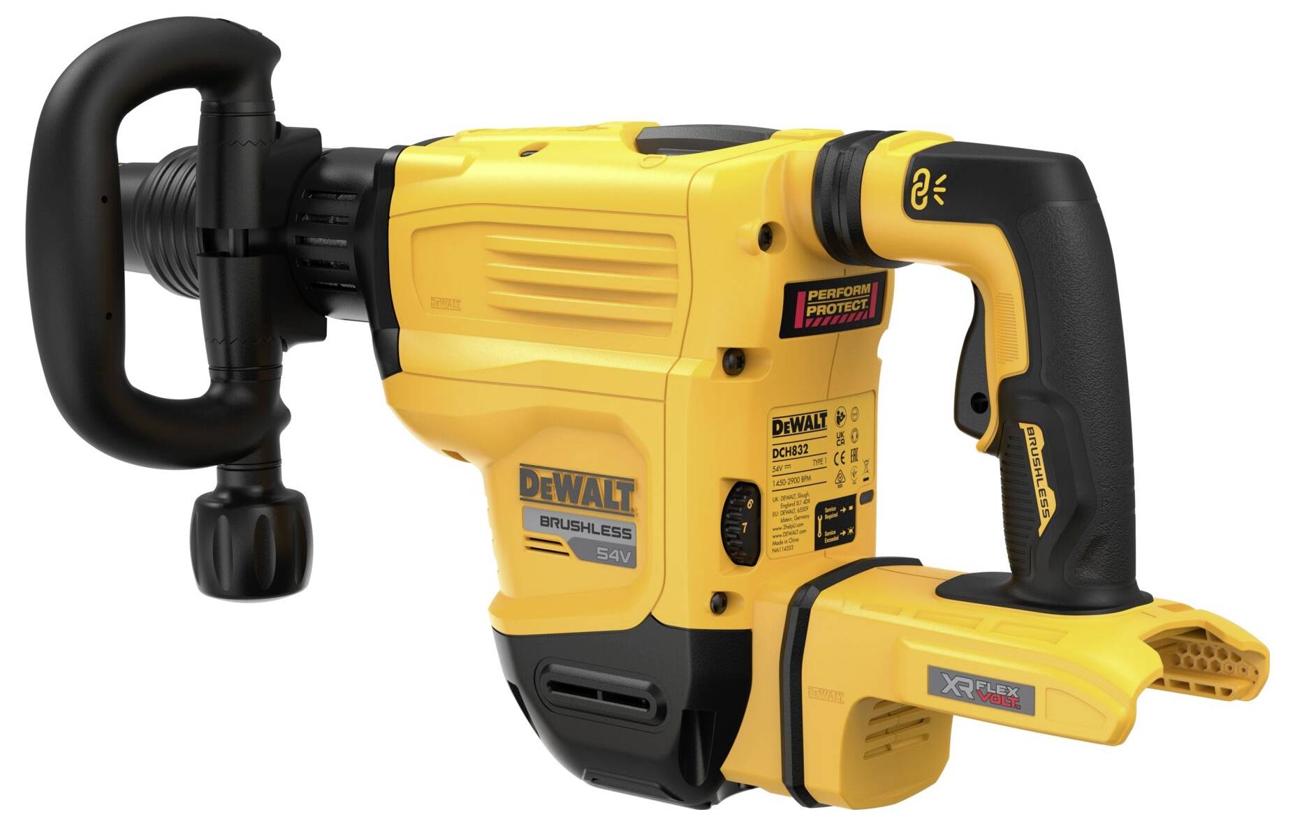 Un grand marteau électrique jaune avec une poignée noire, un logo de marque et des détails techniques sur le côté.