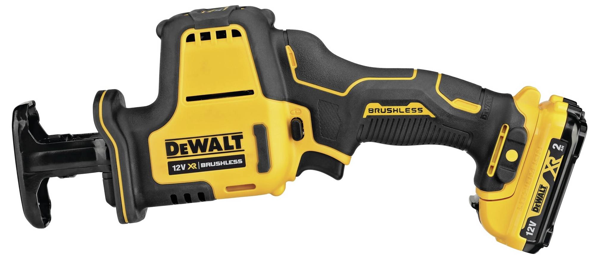 Scie sabre sans fil DeWalt en jaune et noir, avec marquage '12V XR'.