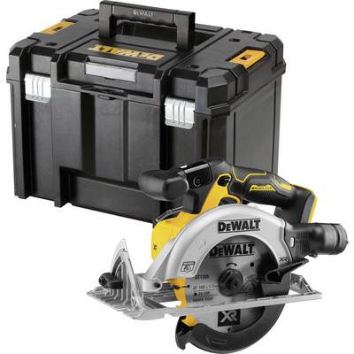 Scie circulaire à batterie avec un coffret de transport noir et robuste en arrière-plan. La scie présente un design jaune et noir avec le logo 'DeWalt' bien visible.