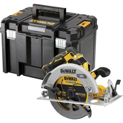 Scie circulaire à batterie devant une boîte à outils noire. Logo de marque 'DeWalt' visible sur les deux appareils.