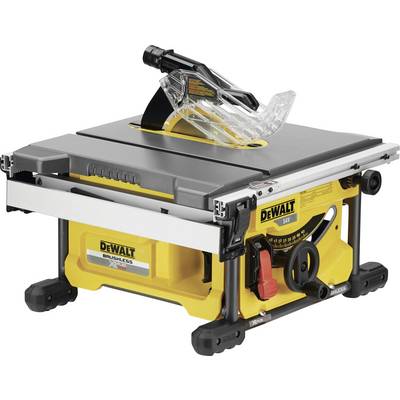 Une scie circulaire de table DEWALT, jaune et noire, avec un protège-lame transparent et des mécanismes de réglage précis, présentée.