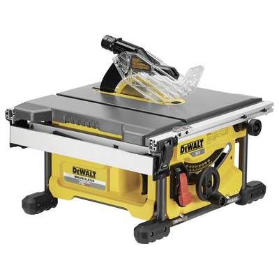 Scie circulaire de table portable jaune avec moteur haute performance noir et surface de travail argentée. Conçue pour des coupes de bois précises.