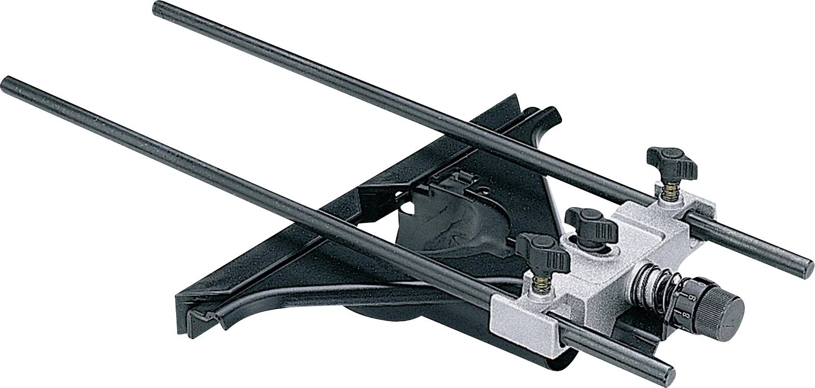 Deux longues tiges noires, montées sur un support métallique, équipées de boutons réglables. Un outil conçu pour faciliter les travaux de précision.