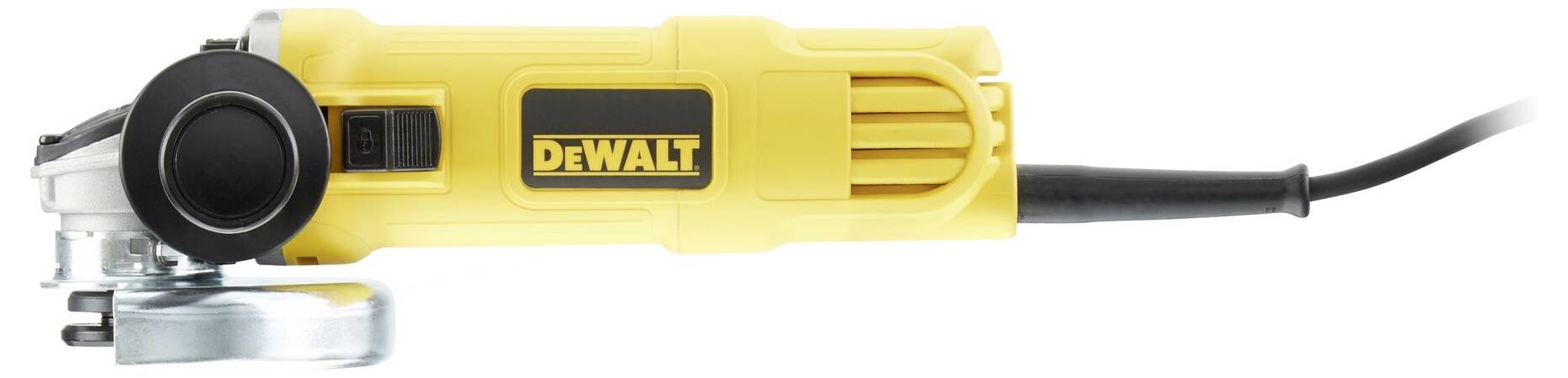 Une meuleuse jaune avec un câble secteur noir, posée sur le côté. Le logo de la marque 'DeWalt' est placé au centre du boîtier.