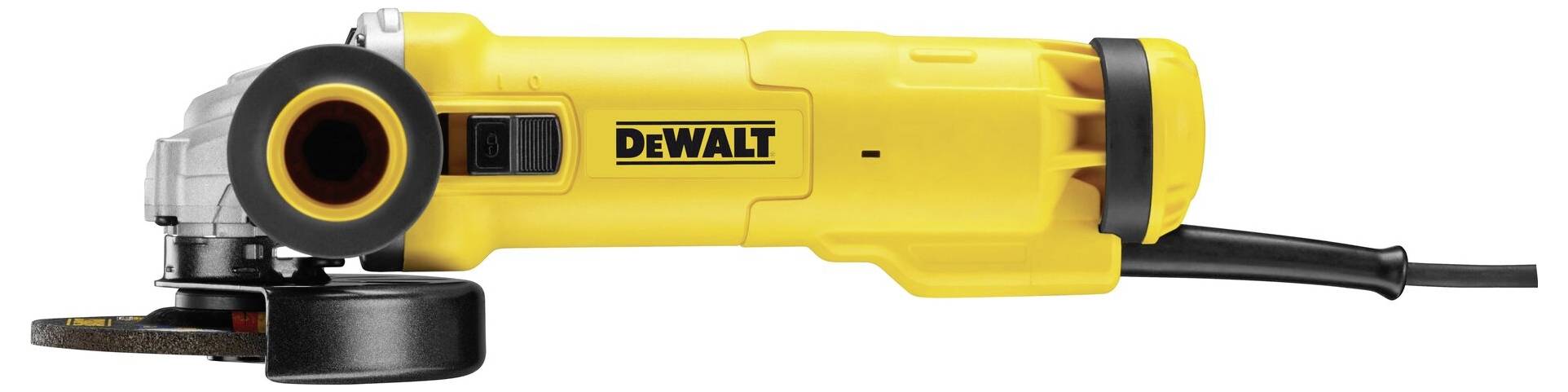 Une meuleuse d'angle jaune de la marque DeWalt, vue de côté, avec un câble noir.