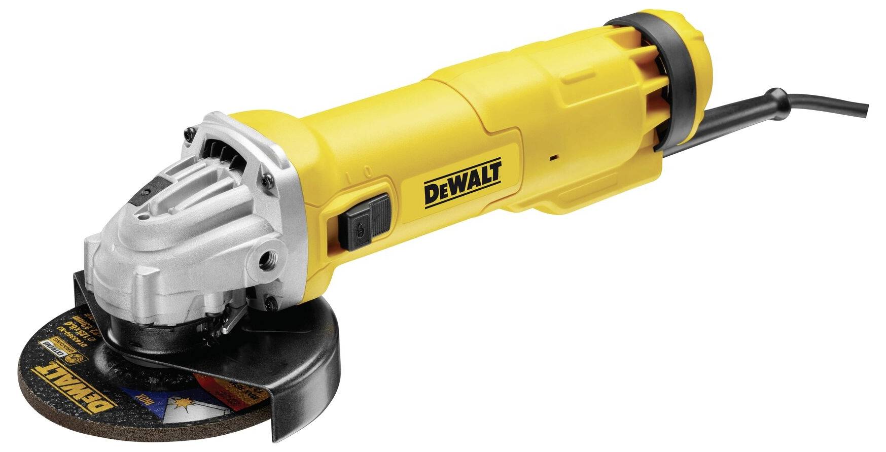 Un meuleuse d'angle jaune de la marque DeWalt avec un protège-lame noir et un câble secteur, adapté aux travaux de coupe et de meulage.