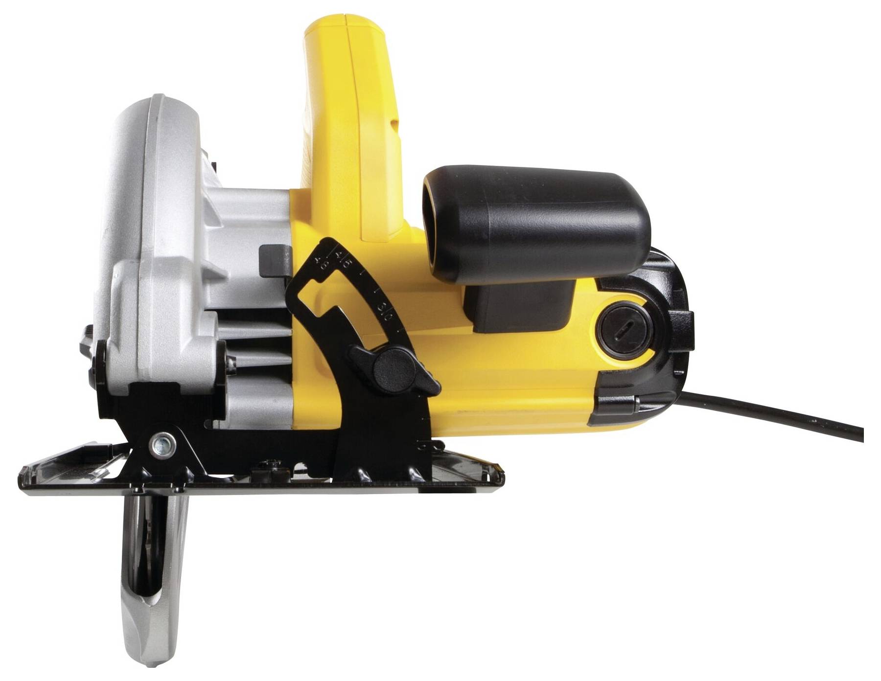 Scie circulaire électrique portable vue de côté, avec boîtier jaune et poignée noire. Adaptée pour couper des matériaux en bois.