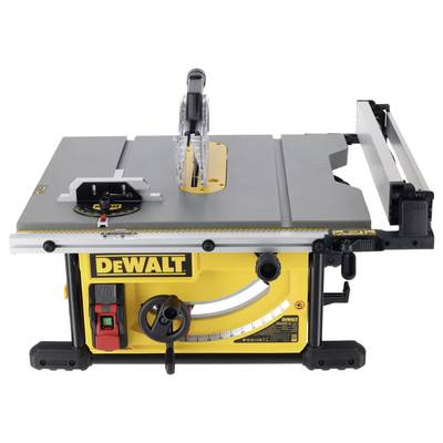 Scie circulaire de table électrique avec un boîtier jaune et le logo noir DeWalt. Système de guidage de précision pour les travaux sur bois visible.